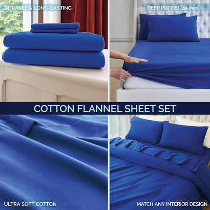 Elegant Comfort Soft 4-Piece 100% Turkish Cotton Flannel Sheet Set - Premium Quality, Deep Pocket Fitted Sheet, Ultra Soft, Cozy Warm and Anti-Pill Flannel Sheets - Cali King, Royal Blue