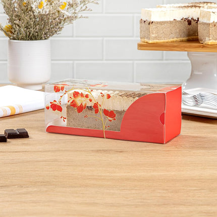Restaurantware-7 Inch x 2.5 Inch Clear Dessert Boxes, 100 Red Paper Sleeve Transparent Candy Boxes - Bird Accent, No Grease Lining, Clear Plastic Clear Favor Boxes, Crack Resistant, Disposable