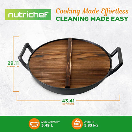 Nutrichef Pre-Seasoned Cast Iron Pan-5.5L Heavy Duty Non-Stick Chinese Wok or Stir Fry Skillet w/Wooden Lid, for Electric Stove Top, Induction, Large, Black