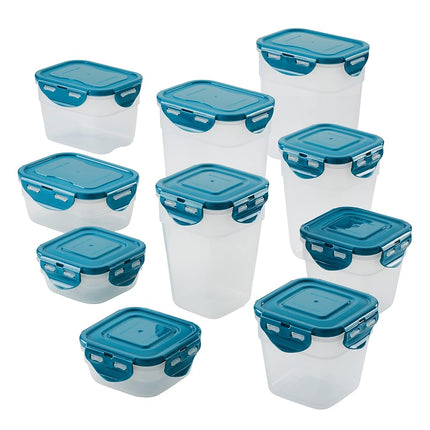 Rachael Ray Leak-Proof Stacking Container Food Storage Bin Set, 20 Piece, Clear with Teal Lids