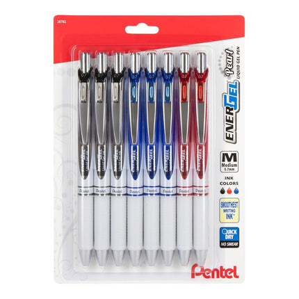 Bolígrafo de gel líquido retráctil EnerGel Pearl, 0.7 mm, trazo medio, tinta negra, roja y azul, paquete de 8 (BL77WBP8OFC)