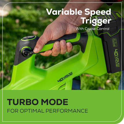 Soplador de hojas axial inalámbrico Greenworks 40V (130 MPH / 550 CFM / más de 75 herramientas compatibles) sin escobillas, batería de 4.0Ah y cargador incluidos