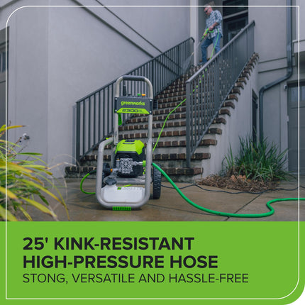 Hidrolavadora eléctrica Greenworks Pro sin escobillas 2300 PSI (certificación SGS) 2.3 GPM máx. / 1.2 GPM (mango plegable, marco de acero resistente, manguera de 25 pies, cable de alimentación GFCI de 35 pies)
