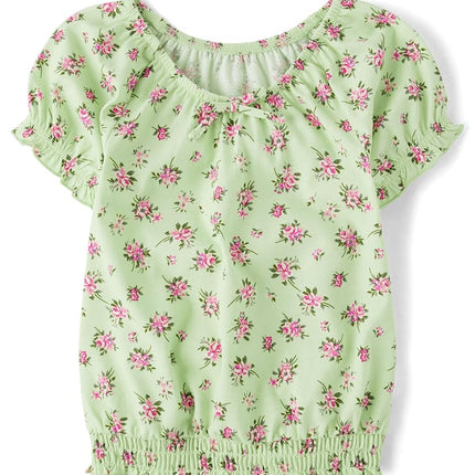 The Children's Place Girls' Smocked Short Sleeve Tops, Green Glow Hem Puff, XX-Large