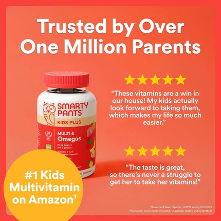 SmartyPants Kids Multivitamin Gummies - Improved Formula: Omega 3 (DHA/EPA), Vitamins D3, C, B12, B6, Vitamin A, K & Zinc, Gluten Free, Three Fruit Flavors, 60 Count (30 Day Supply)