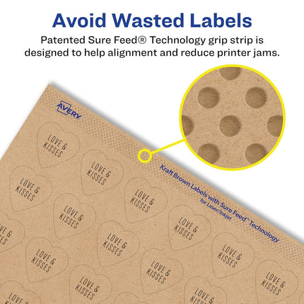 Avery Kraft Brown Heart Labels with Sure Feed, 75" x .75", 8,000 Kraft Brown Labels, Print-to-The-Edge, Laser/Inkjet Printable Labels