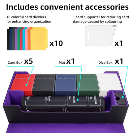AFIING MTG Deck Box 6 In1 with MTG Playma,Premium Card Storage Box with 5 Pcs MTG Deck Box Holds 2400+ Trading Cards, Large TCG Card Deck Case for Magic Yugioh Sports Cards (Black&Purple)