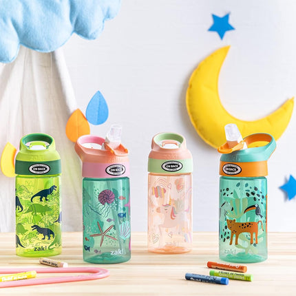 Zak Designs Kids Water Bottle with Spout Cover and Built-in Carrying Loop, Made of Durable Plastic, Leak-Proof Water Bottle Design for Travel (16 oz, Unicorn & Dino Camo, Pack of 2)