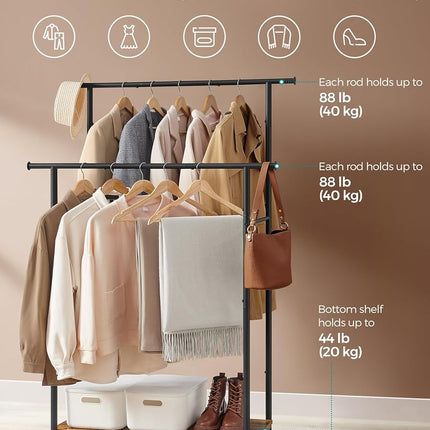 SONGMICS Clothes Rack with Wheels, Double-Rod Clothing Rack for Hanging Clothes, 38.8 Inches Garment Rack with Shelf, Loads up to 220 lb, for Bedroom, Closet, Rustic Brown and Ink Black UHSR152B01