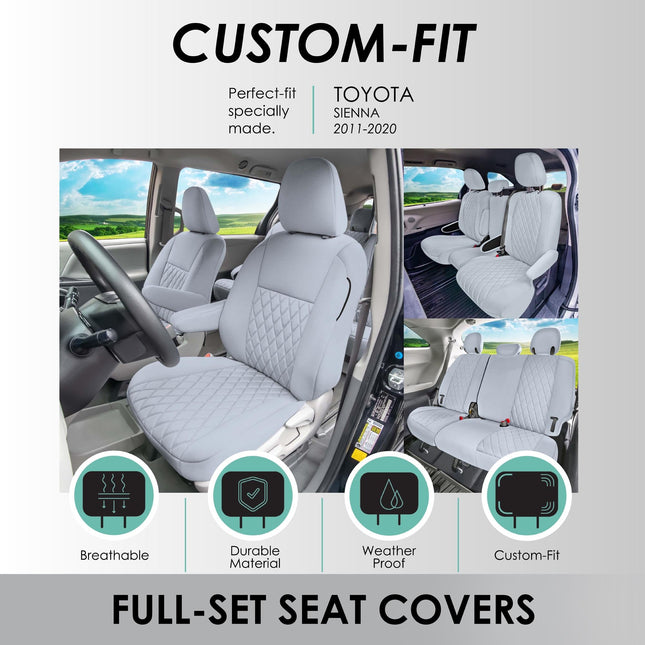 Housses de siège auto sur mesure FH Group pour Toyota Sienna 2011-2020, ensemble complet de housses de siège auto, housses de siège auto 8 places en néoprène gris uni, housses de siège imperméables et lavables