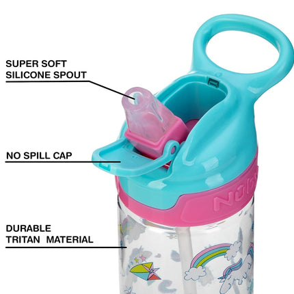 Botella de agua de tritán Nuby Push Button Flip-it con boquilla suave, Unicornios rosados, 532 ml