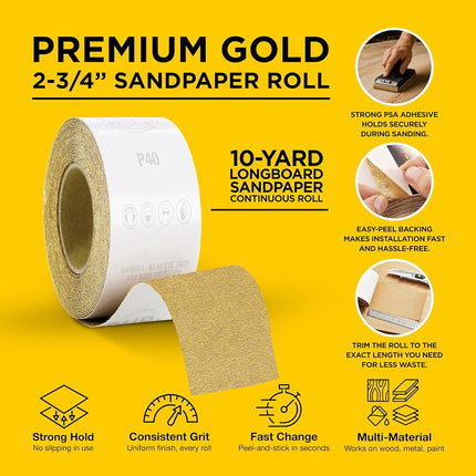Dura-Gold - Premium - 60 Grit Gold - Longboard Continuous Roll 10 Yards Long by 2-3/4" Wide PSA Self Adhesive Stickyback Longboard Sandpaper for Automotive and Woodworking