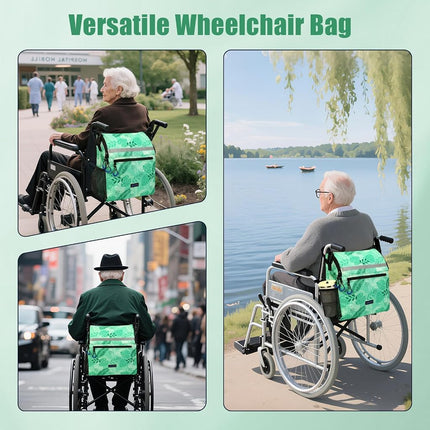 ZHCHG Wheelchair Bags, Wheelchair Backpack with Cup Holder, Wheelchair Bags to Hang on Back, Electric Wheel Chair Accessories, Large Storage Bag for Walker Rollator (Green)