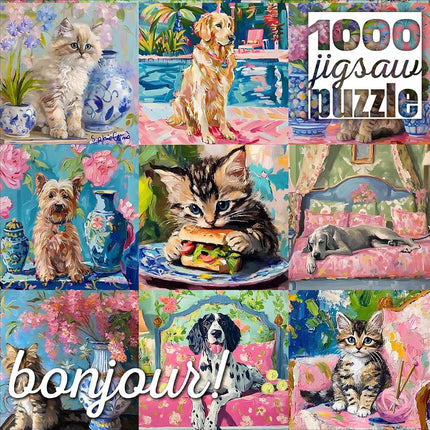 Buffalo Games - Bonjour - Sophie Clima - Cats and Dogs Collage - 1000 Piece Jigsaw Puzzle for Adults - Challenging Puzzle Perfect for Game Nights