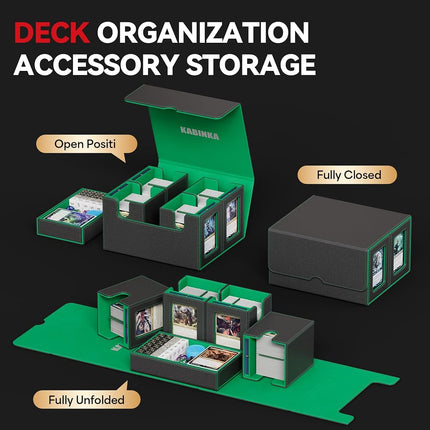 Card Deck Box for MTG with Commander Display, 5 in 1 Card Storage Box Fits 400+ Double-sleeved Cards, Removable Deck Case for TCG/Sports Cards with Dice Tray, 4 Magnetic Card Holders (Black Green)