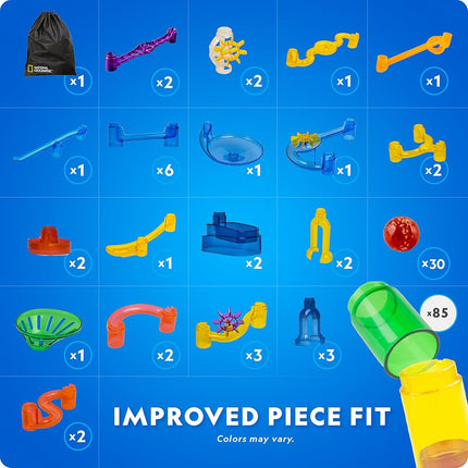 National Geographic Glowing Marble Run – 150 Piece Construction Set with 30 Glow in the Dark Glass Marbles, Mesh Storage Bag, Great Creative STEM Toy for Girls and Boys