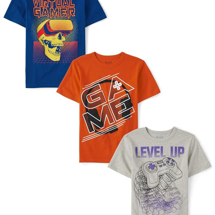 T-shirt graphique dinosaure à manches courtes pour garçons The Children's Place, Level Up/Casque/Squelette gamer, Très petit