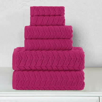 Elegant Comfort Luxury 6-Piece 100% Turkish Cotton Jacquard Braided Textured Premium Hotel Quality Towel Set– Soft and Absorbent, Includes 2 Bath Towels, 2 Hand Towels and 2 Washcloths, Hot Pink