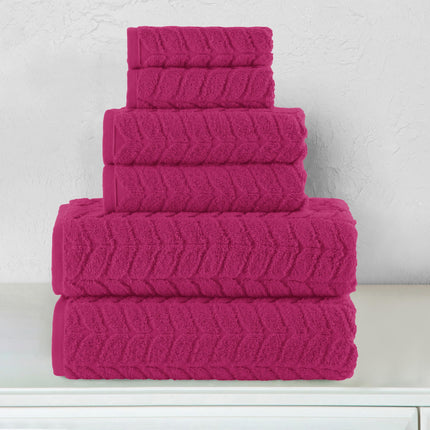 Elegant Comfort Luxury 6-Piece 100% Turkish Cotton Jacquard Braided Textured Premium Hotel Quality Towel Set– Soft and Absorbent, Includes 2 Bath Towels, 2 Hand Towels and 2 Washcloths, Hot Pink