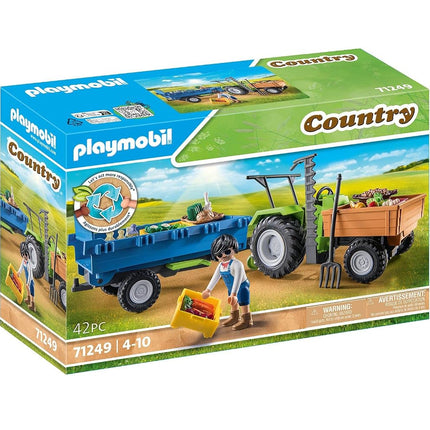 Playmobil Country 71249 Harvester Tractor with Trailer incl. transport boxes, Green tractor for the organic farm, Sustainable toy for children ages 4+
