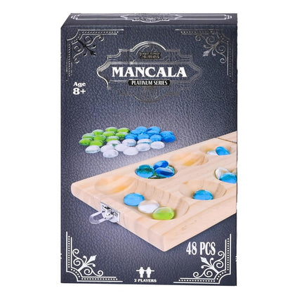 Mancala Elbowroom Games Game, Folding Wooden Board with 48 Glass Stones in Blue, Green and White, Portable Travel Design, Classic Strategy Game for 2 Players