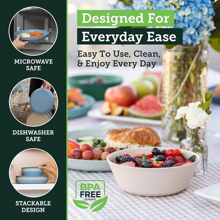 Grow Forward Premium Wheat Straw Plates and Bowls Sets - 8 Unbreakable Microwave Safe Dishes - Reusable Wheat Straw Dinnerware Sets - Plastic Plates and Bowls Alternative for Camping, RV - Oasis