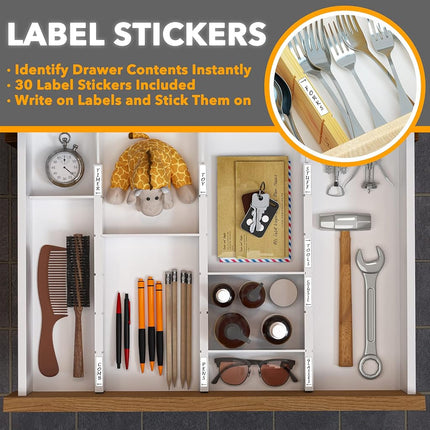 SpaceAid Bamboo Drawer Dividers with Inserts and Labels, Kitchen Adjustable Drawer Organizers, Expandable Organization for Home, Office, Dressers, 4 Dividers with 9 Inserts (17-22 in), White