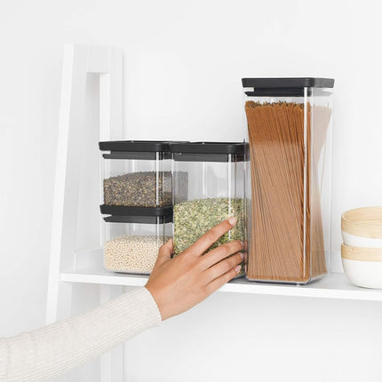 Brabantia Set of 4 Tasty+ Square Stackable Food Canisters/Storage Jars (Dark Grey) Space Saving Transparent Plastic Tubs with Lids, (122422)