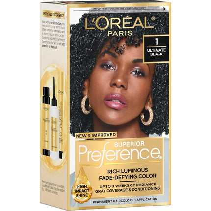 L'Oreal Paris Superior Preference Permanent Hair Colour in 1 Ultimate Black, Intense Black. Long Lasting Hair Dye. Grey Hair Coverage.