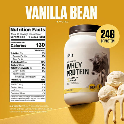Levels 2LB Vanilla Bean 100% Grass Fed Whey Protein, Undenatured, No GMOs