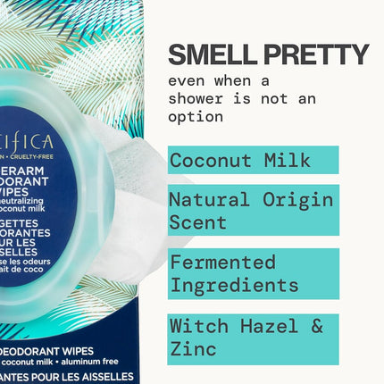 Lingettes déodorantes pour les aisselles Pacifica Beauty, lait de coco et huiles essentielles, 120 unités