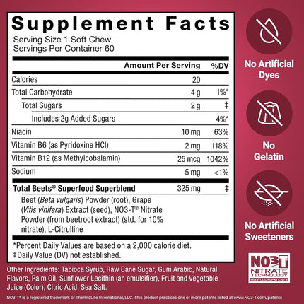 Force Factor Total Beets Soft Chews with Beetroot, Nitrates, L-Citrulline, Grapeseed Extract, and Antioxidants, Healthy Energy Supplement with Elite Ingredients, Heart Health Superfood, 60 Chews