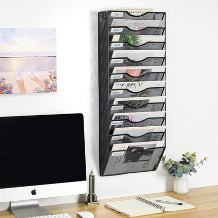 PAG 10-Tier Hanging Wall File Holder Mail Organizer Wall Magazine File Letter Rack,Mesh Metal A4 Wall Mounted Document Holder Paper Storage,Black