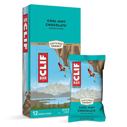 CLIF BAR - Barre énergétique - Menthe poivrée chocolat - Avec caféine (Barre protéinée de 68 g, paquet de 12)