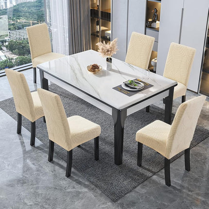Genina 100% Waterproof Dining Chair Covers, Stretch Jacquard Chair Covers for Kitchen Parsons Chairs, Washable Chair Protectors for Dining Room Set of 6, Leaves-Beige