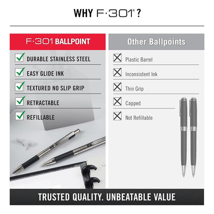 Zebra Pen F-301 Retractable Ballpoint Pen, Stainless Steel Barrel, Fine Point, 0.7mm, Black Ink, 4-Pack (Packaging May Vary)