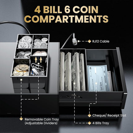 Tera 8.2" Compact Cash Register Drawer for Point of Sale (POS) System with 4 Bill 6 Coin Cash Tray, Removable Coin Compartment, 24V, RJ12 Key-Lock, Media Slot, Auto Open, for Small Businesses, 208