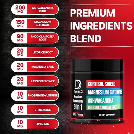 Dedicad 9in1 Cortisol Shield - Magnesium Glycinate & Ashwagandha with Rhodiola, Phosphatidylserine, Passion Flower, L-Theanine, Apigenin, Licorice, Magnolia - 60 Count