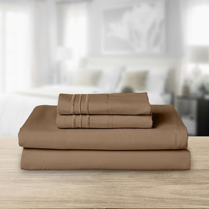 Elegant Comfort Luxurious 1500 Premium Hotel Quality Microfiber Three Line Embroidered Softest 4-Piece Bed Sheet Set, Wrinkle and Fade Resistant, King, Taupe
