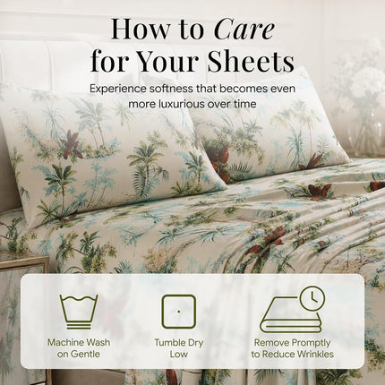 Tribeca Living Twin Bed Sheet Set, 300 Thread Count Soft Cotton Sateen, Floral Print with Extra Deep Pockets, 3-Piece Bedding Set, Paradise Island Multicolor
