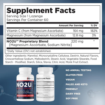 NO2U Bryan NITRICEUTICALS - Natural Nitric Oxide Supplements for Men & Women - Promotes Blood Circulation, Oxygen & Nutrient Delivery, Daily Wellness Support - No Gluten or Dairy - 60 Vegan Lozenges