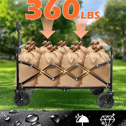 Wagons Carts Foldable, Collapsible Wagon, Foldable Wagon Cart with Wheels, Folding Wagons for Beach Camp Sports Garden, 2 Cup Holders/Lightweight Portable/Black/360 LBS