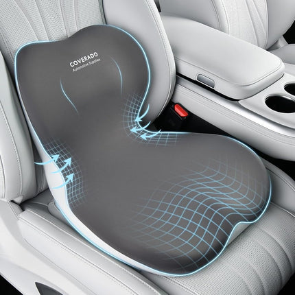 Coverado Seat Cushion and Lumbar Support Pillow One Piece for Car Office Chair, Ergonomic Memory Foam Desk Chair Cushion Back Support Pillow, Sciatica & Back & Tailbone Pain Relief Cushion-Gray