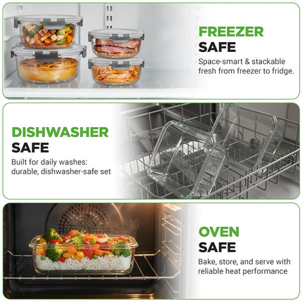 NutriChef Glass Food Storage Containers with Lids – 12-Pack Leak-Proof Meal Prep Containers, BPA-Free, Freezer-to-Oven & Dishwasher Safe, Airtight, Stackable (Grey)