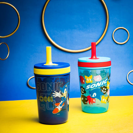 Vasos Kelso de Zak Designs de Sonic The Hedgehog para niños pequeños, para viajes o el hogar, paquete de 2 vasos pitillo de plástico duradero de 15 oz con diseño a prueba de fugas, perfectos para niños (Sonic)