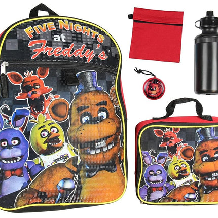 Five Nights At Freddy's Mochila Escolar de 16", Lonchera, Botella de Agua, Kit de Almuerzo - Juego de 5 Piezas