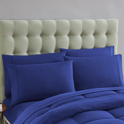 Sweet Home Collection 7 Piece Comforter Set Bag Solid Color All Season Soft Down Alternative Blanket & Luxurious Microfiber Bed Sheets, Royal Blue, Full