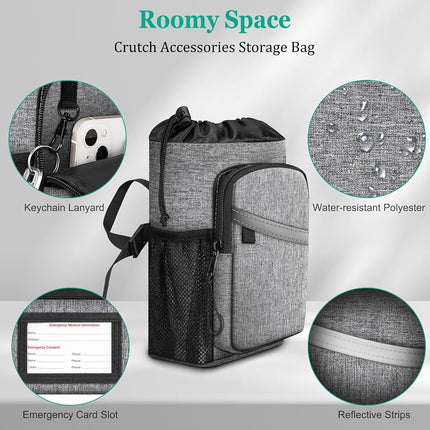 FINPAC Crutch Accessories Bag, Water-Resistant Storage Organizer Tote Bag with Drink Holder and Zipper Pouch for Crutches, Underarm Crutches Attachment - Gray