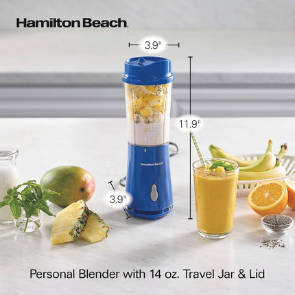 Hamilton Beach Personal Blender for Smoothies & Protein Shakes, Portable Single Serve Blender with Travel Lid, 14 oz BPA-Free Jar, 175W, Compact Countertop Blender, Monaco Blue, 51132G