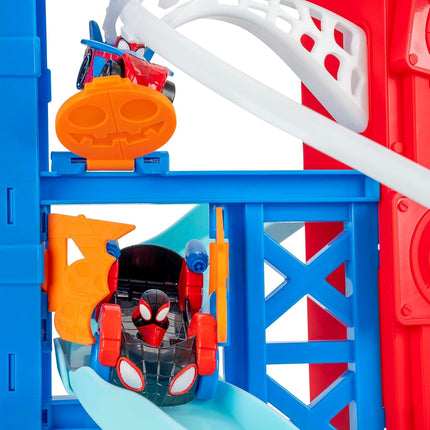 Jazwares Marvel Spidey and His Amazing Friends Construction Zone Chaos Track Set - 2-Foot High Dual Race Track with Zip Line, Play Zones, and Exclusive Vehicles